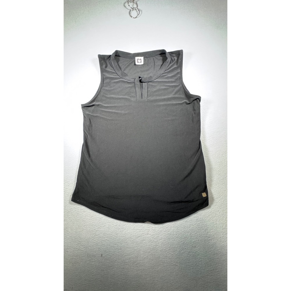 Anne Klein Womens Black Sleeveless Split Neck Shell Tank Top Gold Lion Logo